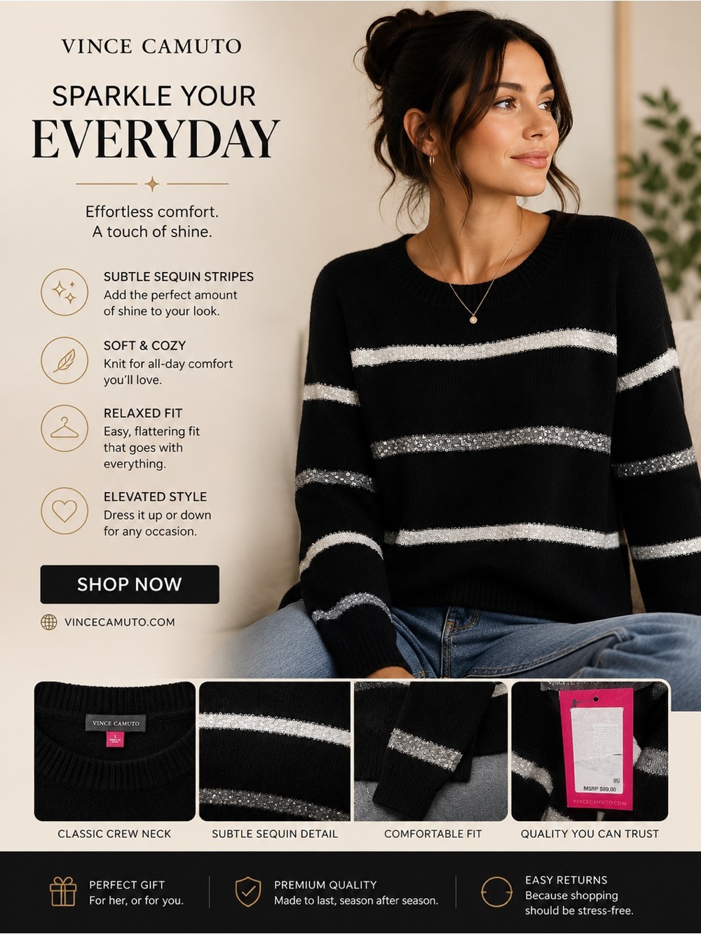 Vince Camuto Black Crewneck Sweater with White and Silver Stripes